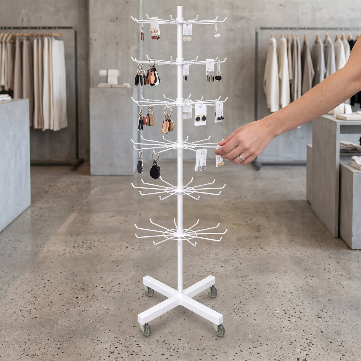 Multi-Layer Rotating Display Stand with Wheels for Socks, Hats, Scarves, and Jewelry