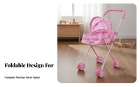 Toy Pushchair With Canopy Infant Toy Carriage Metal Frame Kids Doll Pushchair for Girls, Young Children