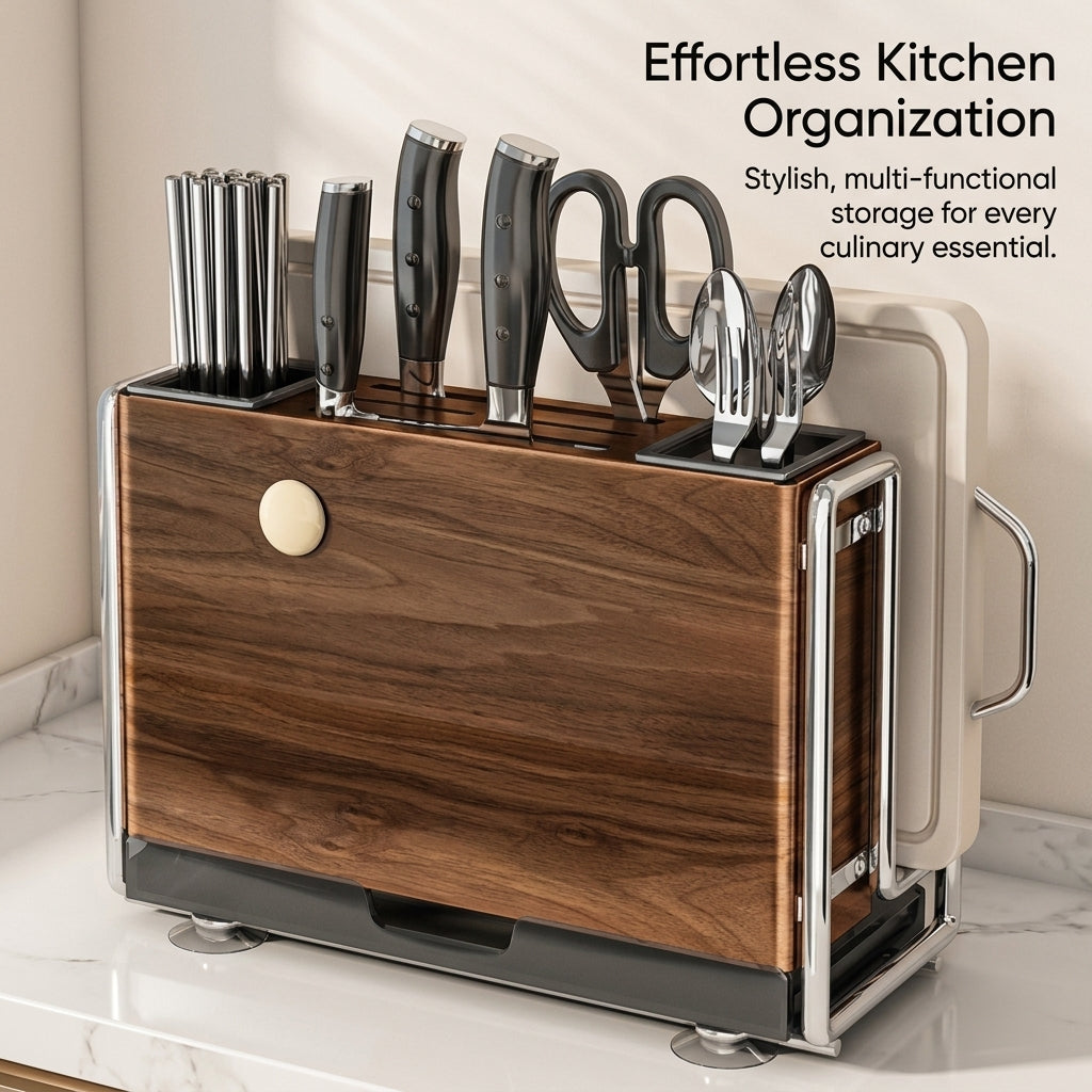 Space Saving Kitchen Utensil Storage Rack for Chefs, Carbon Steel Chopstick Holder and Cutting Board Stand