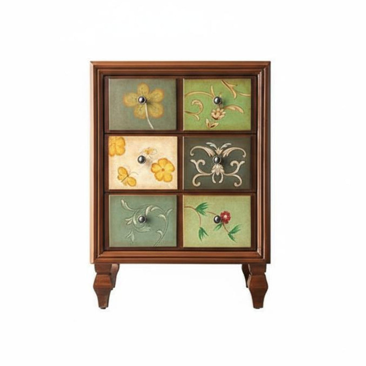Colorful Painted Finish Multi-Color Apothecary Chest space-efficient Footprint Accent Cabinet Distressed Look Storage Furniture Vintage design for Apartment Dwellers, Homeowners, Interior Decorators, Entryway, Living Room, Bedroom, Hallway