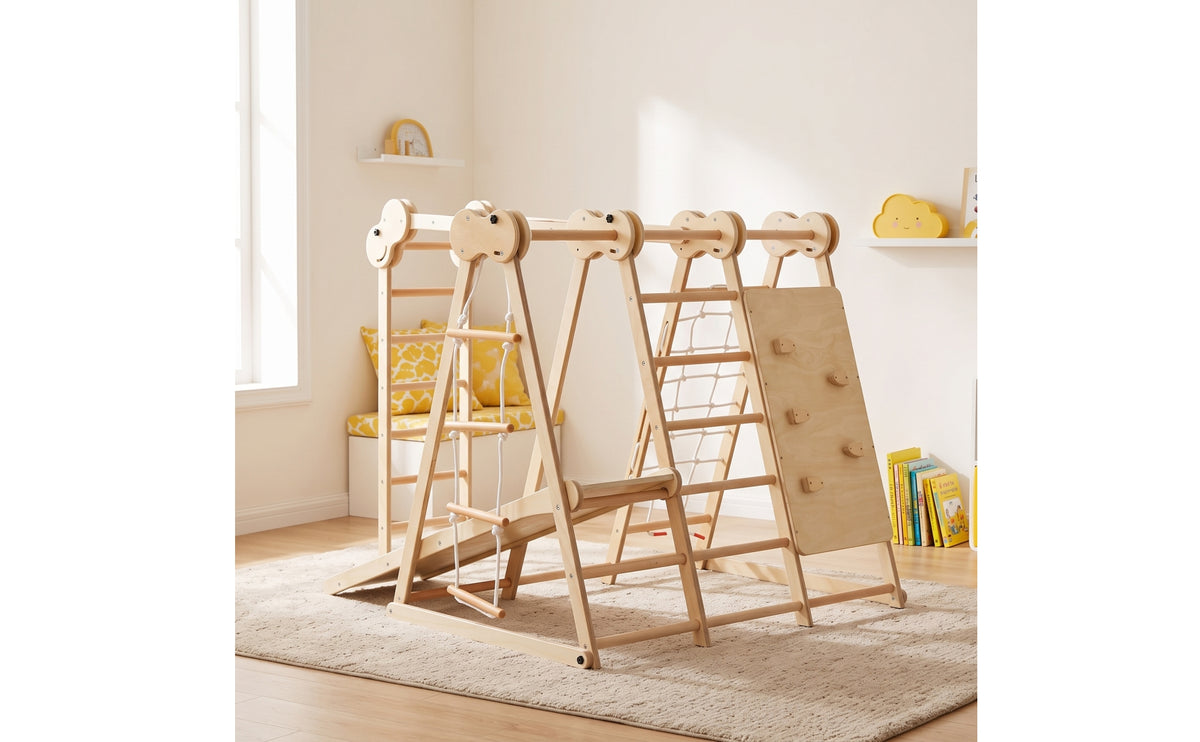 Wooden Climbing Frame with Swing Wood Indoor Jungle Gym Freestanding Indoor Playground with Slide for Kids, Young Children, Playroom