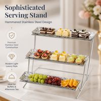 Metal Rectangular High Tea Stand, 3 Tiered Serving Stand for Afternoon Tea, Hammered Finish Dessert Display