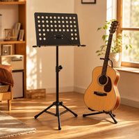 Music Stand Tripod Base Heavy Duty Perforated Music Stand Effortless to Store for Artists, Students, Stage, Rehearsal, Practice Room