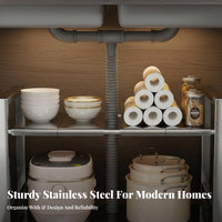 Rustproof Expandable Under-Sink Rack Sturdy Frame 2-Tier Adjustable Shelf Heavy Duty Kitchen Organizer Easy to Install for Homeowners, DIY Enthusiasts, Cabinet, Cupboard, Bathroom, Countertop