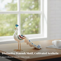Layered Feathers Peacock Figurine Fan Tail Decorative Peacock Statue White Body Orange Legs for Tabletop Display