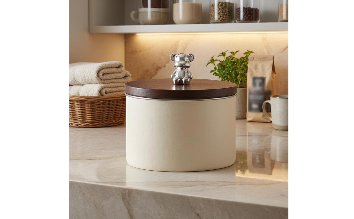 Wood-Grain Lid Airtight Food Canister Bear-Shaped Knob Airtight Storage Canister Sealed Lidded Pantry Container Round