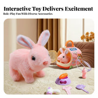 Walks and Makes Sounds Electric Walking Rabbit Toy Pretend Play Stuffed Bunny with Carrier Wiggling Ears for Children, Parties, Playroom