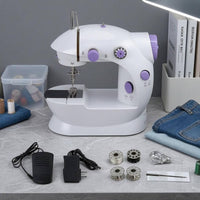 Compact Desktop Sewing Machine Foot Pedal Electric Sewing Machine White and Lavender Adjustable Dials