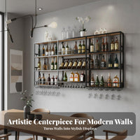 Wall Mounted Vino Rack Wrought Iron Industrial Bar Shelf Multifunctional Metal Vino and Glass Rack for Restaurant Owners, Homeowners, Dining Room, Pub