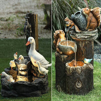 Solar-Powered Resin Duck and Squirrel Garden Waterfall Ornaments