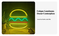USB Powered Hamburger Neon Sign Easy to Hang LED Burger Light Energy-Saving for Restaurant, Kitchen, Game Room