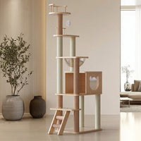 Cat Activity Center with Wooden House and Perch, 5-Level Multi Level Climbing Tree with Hammock and Space Capsule for Large Indoor Cats