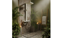 LED Ambient Light Thermostatic Shower System Solid Copper Core Digital Display Shower Set Waterfall Tub Spout Bathroom Fixture Integrated Storage Shelf