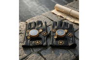 Gold-Tone Gear Details Steampunk Fingerless Gloves Compass Dial Black Leather Fingerless Gloves Textured Finish