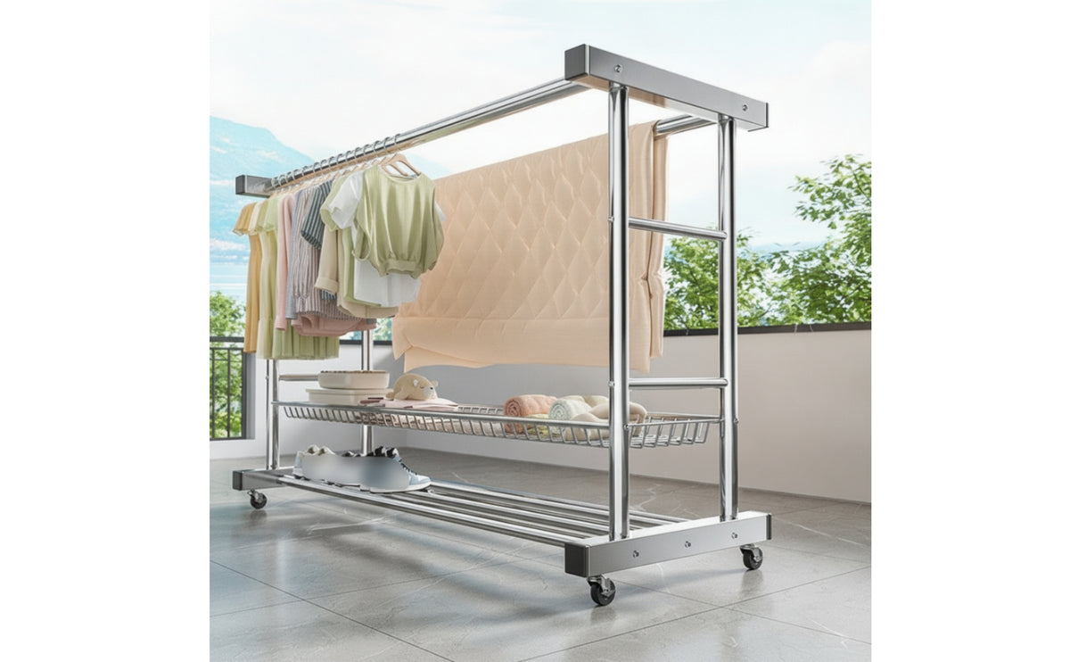 Stainless Steel Clothes Drying Rack Double Bar Rolling Garment Rack Freestanding Metal for Laundry Room, Balcony, Indoor, Outdoor