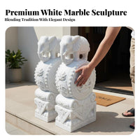 2 Pieces White Marble Elephant Pier Traditional Craftsmanship Chinese Gate Drum Stone Auspicious Design Carved Entrance Block for Homeowners, Driveway
