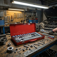 Automotive Socket Set with Metal Case Organized Ratchet and Socket Set Compact Mechanics Tool Kit with Case for Garage, Roadside Emergency