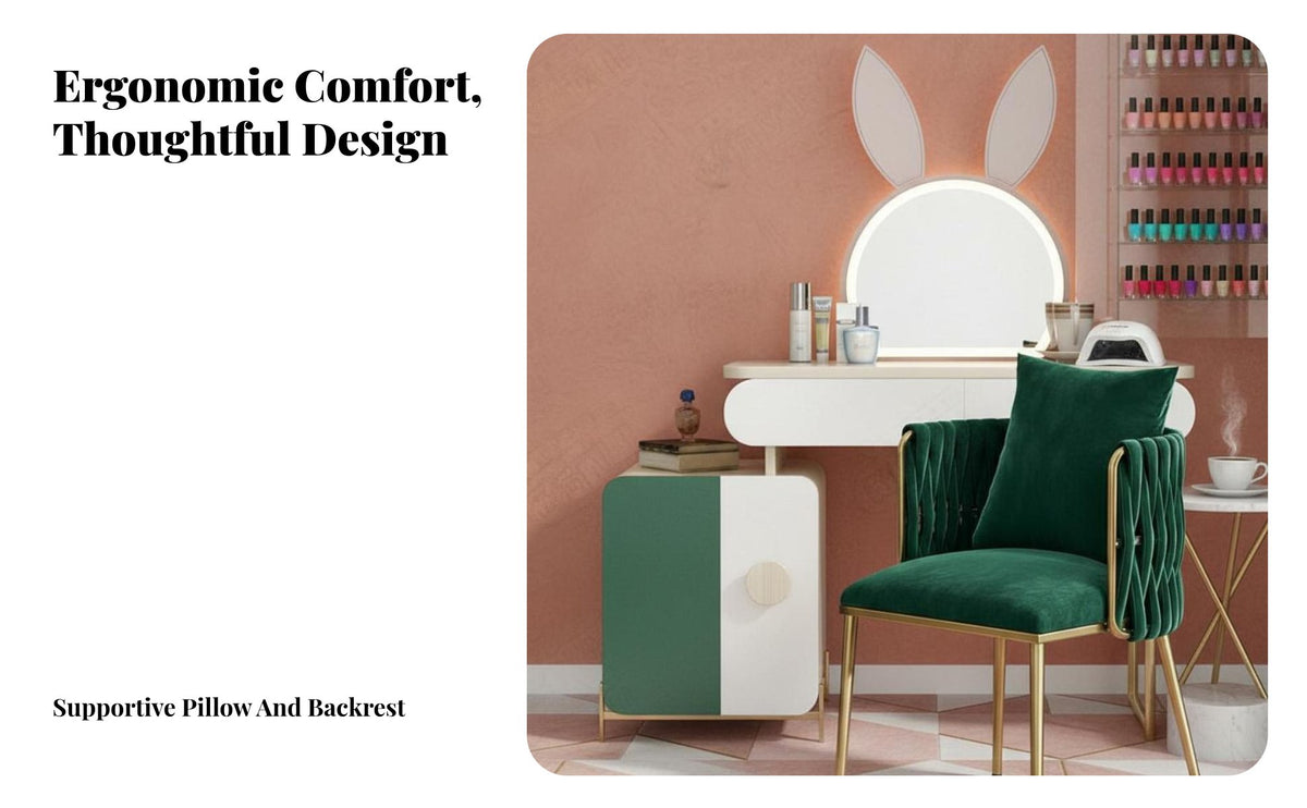Modern Luxury Design Scalloped Back Seat Golden Tapered Legs Woven Back Armchair Soft and Comfortable Vanity Stool Ergonomic Curved Backrest for Adults, Home Decorators, Salon Owners, Bedroom, Dressing Room, Reception Area