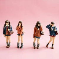 4 Pieces Schoolgirl Figurine Hand-Painted Miniature Figure with Handbag 3D Printed for Collectors