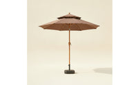 Patio Umbrella with Base UPF 50+ Two-Tiered Top Patio Umbrella Wood Look for Cafes, Backyard, Balcony, Camping