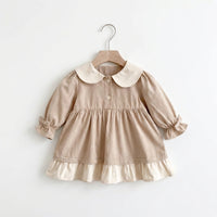Girls Vintage Style Long Sleeve Dress Beige Cotton Linen Peter Pan Collar Frock Ruffled Hem Toddler Party Clothes for Easter Spring Photo Shoot