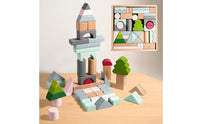 Building Blocks with Wooden Storage Tray Tabletop Wooden Building Blocks Stacking Toy Classic Geometric for Toddlers, Playroom