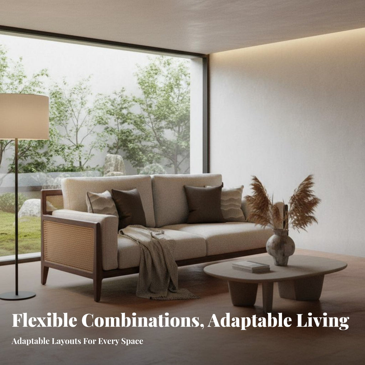 Upholstered Rattan Couch Set New Chinese design Rattan-Accented Couch sturdy Wood Frame Lounge Furniture for Adults, partners, Living Room, Hotel Lobby