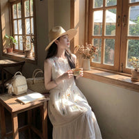 Lace Patchwork Long Dress Retro Design Embroidered Maxi Dress Lightweight women's Clothing for Young Adults, Teens, Vacation, Summer Outings