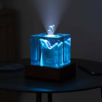 Crystal Cube Light Marine-Themed Resin Night Light with Wood Base Ambient