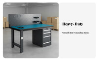 High Load Capacity Anti-Static Repair Table All-Steel Frame Heavy Duty Workbench Abrasion Resistant Workbench with Drawers and Pegboard Adjustable Feet for Technicians, Factory Workers, DIY Enthusiasts, Warehouse, Basement
