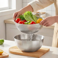 Double Layer Colander and Washing Bowl Set, Stainless Steel Colander with Handles, Modern Minimalist Fruit Strainer Bowl for Rice and Vegetables