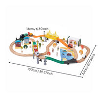 110 Pieces Great Gift 110 Piece Wooden Railway Set Beech Wood Material Wooden Train Track Set Creative Assembly City Scene Vehicle Playset for Boys, Kids, Toddlers, Floor Play, Playroom