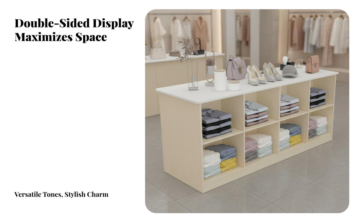 Multifunctional Double-Sided Display Cabinet Heavy Duty Clothing Shop Display Rack Scratch-Resistant Retail Island Table Easy to Clean for Retailers, Homeowners, Boutique, Showroom, Warehouse, Home