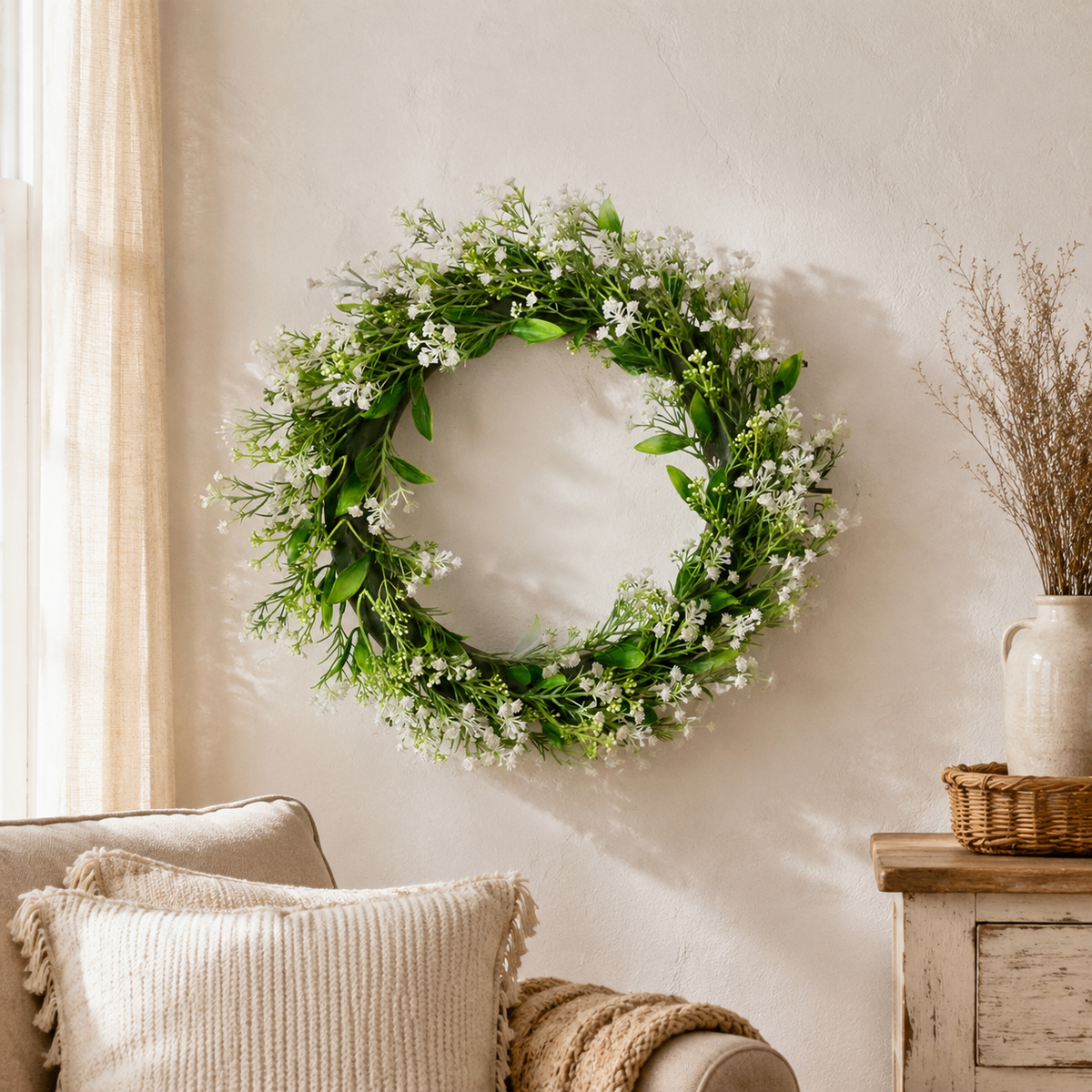 Artificial Spring Door Wreath, 42cm Baby's Breath Wreath, Wall Hanging for Front Door, 280g Synthetic Floral Decor