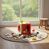 Sensory Box with Shapes Educational Guessing Box Fine Motor Wooden Shape Sorter Cube for Young Children, Kids, Playroom, Preschool, Homeschooling