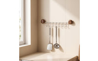 Wall Kitchen Utensil Hanger with Eight Hooks Space-Saving Stainless Steel Utensil Rack with Wood End Pieces Rustproof Organizer for Entryway