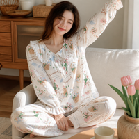 Women's Cloud Cotton Pajama Set with Lamb Embroidery, Long Sleeve Doll Collar Loungewear