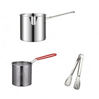 Polished Silver Stainless Steel Fryer Pot Long Handle Frying Pot Rolled Rim Cookware Pouring Notch