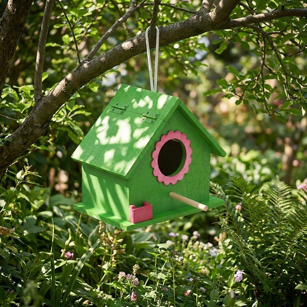 Hinged Roof Bird Boxes for Gardens UK, Pre Assembled Birdhouse for 2 Parakeets, Bird Houses for Garden with Perch and Feeder, Wooden Nest Box