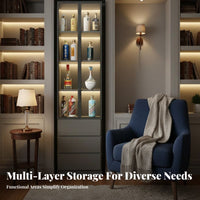 Easy to Clean Glass Door Display Cabinet Minimalist Design Tall Glass Door Cabinet LED Lighting Lighted Display Case Multipurpose Use for Homeowners, Book Lovers, Living Room, Bedroom, Home Office, Entryway