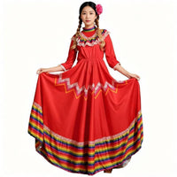 2 Pieces Mexican Folklorico Dress Inclu of S Headpiece Traditional Mexican Dance Costume Rainbow Hem Dance Dress Lively Hues