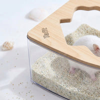 Transparent Hamster Sand Bath with Wood Lid, Triangular Hamster Accessories, Clear Toilet Pan for Dwarf Hamster Habitat