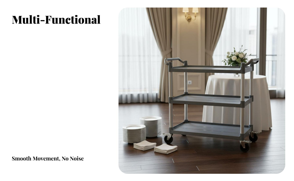 Multi-Functional 3-Tier Bussing Cart High Load Capacity Restaurant Dish Collecting Trolley Sturdy and Sturdy Plastic Rolling Cart with Bins Lockable Wheels for Hotel Employees, Warehouse Workers, Mechanics, Cafeteria, Dining Hall, Garage, Workshop