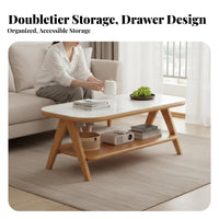 Mid-Century-Century Modern Design Low Table with Storage Shelf Stable Construction Household Furniture Hidden Compartment Rounded Corner Top for Apartment Dwellers, Homeowners, Telecommute Workers, Living Room, Small Compact Areas, Balcony, Lounge Area