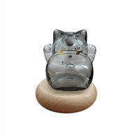 Fortunate Cat Glass Jar Good Fortune Symbol Maneki-Neko Savings Jar Cat Shaped Container with Wooden Base Wealth Attracting