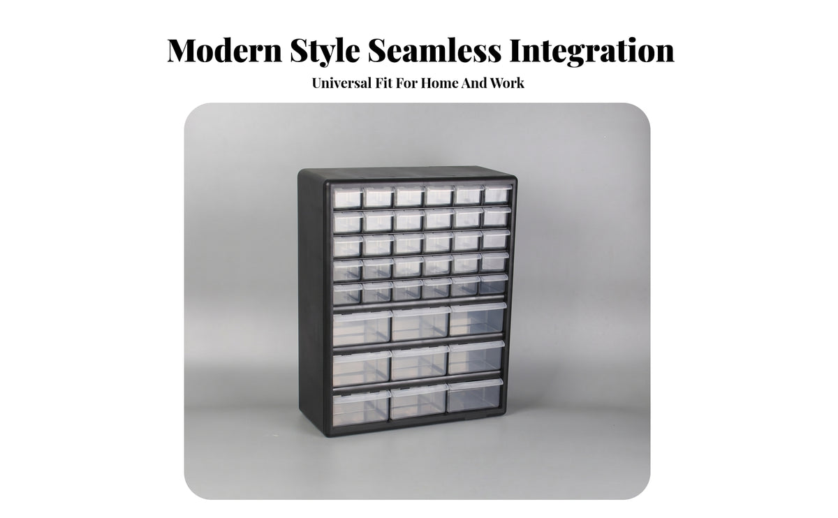 Clear Drawer Organizer Black Frame 39-Drawer Parts Cabinet for Workshop