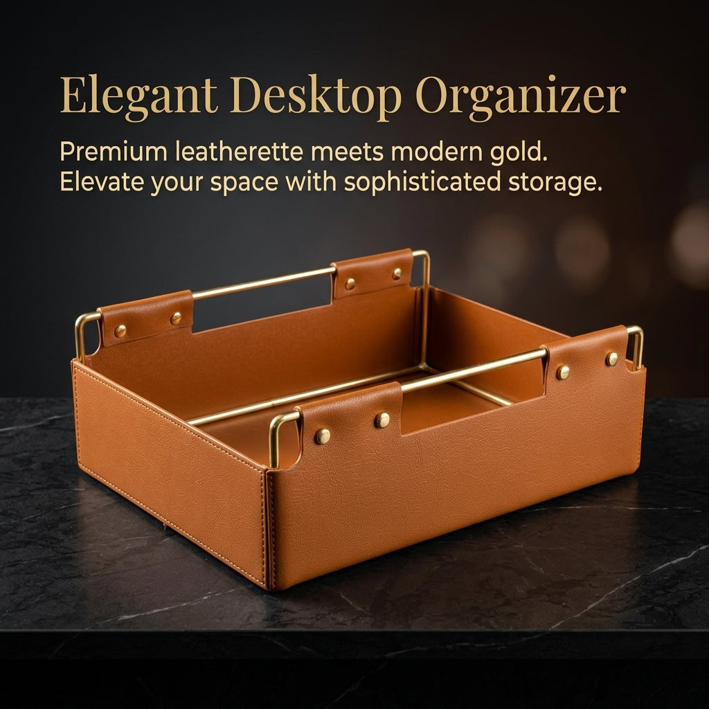 Storage Baskets for Office Desk with Rose Gold Metal Frame and Leather Base, Organizer with Built-In Handle, Decorative Wire