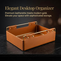 Storage Baskets for Office Desk with Rose Gold Metal Frame and Leather Base, Organizer with Built-In Handle, Decorative Wire