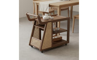 Solid Wood Mobile Side Table with Rattan Multi-Layer Storage Wooden Rolling Cart with Handle Movable 2-Tier Utility Trolley Large Capacity for Living Room, Kitchen, Home Bar