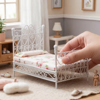 Dollhouse Bed with Mattress Wrought-Iron Style Miniature Double Bed Furniture Vintage Ornate for Doll Lovers